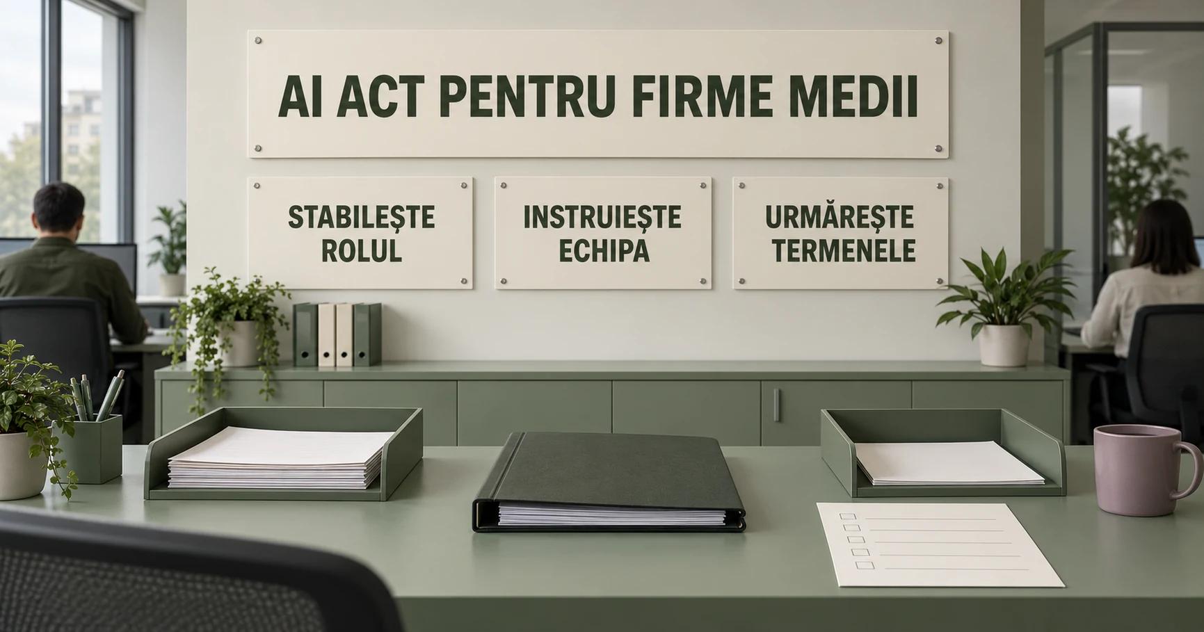Doi angajați văzuți din spate într-o sală de conformitate a unei firme de inginerie, lângă un dosar verde-oliv; pe patru panouri crem prinse de perete scrie AI ACT PENTRU FIRME MEDII, STABILEȘTE ROLUL, INSTRUIEȘTE ECHIPA și URMĂREȘTE TERMENELE.