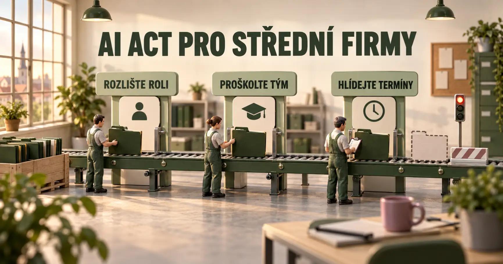 Model výrobní linky nese složky pod titulkem AI ACT PRO STŘEDNÍ FIRMY a tabulkami ROZLIŠTE ROLI, PROŠKOLTE TÝM a HLÍDEJTE TERMÍNY.