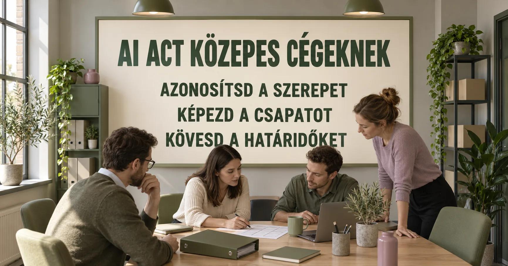 Egy ipari beszállító munkatársai a táblán szereplő AI ACT KÖZEPES CÉGEKNEK cím alatt a szerepet, a csapat képzését és a határidőket rendezik; az asztalon olívazöld iratmappa fekszik.
