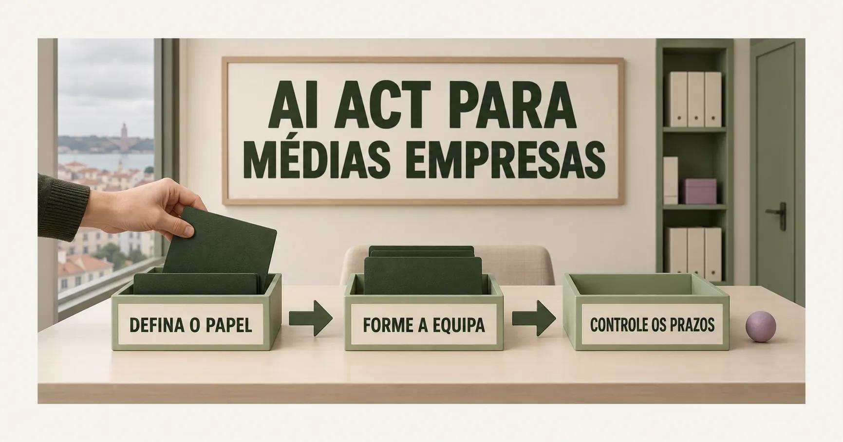 Uma mão desloca uma pasta verde-azeitona por três estações em miniatura, DEFINA O PAPEL, FORME A EQUIPA e CONTROLE OS PRAZOS, sob AI ACT PARA MÉDIAS EMPRESAS.