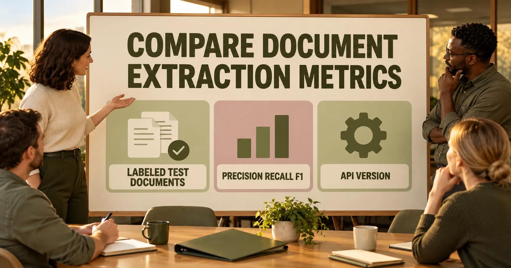 A procurement team reviews a board headed COMPARE DOCUMENT EXTRACTION METRICS, with LABELED TEST DOCUMENTS, PRECISION RECALL F1 and API VERSION below it.