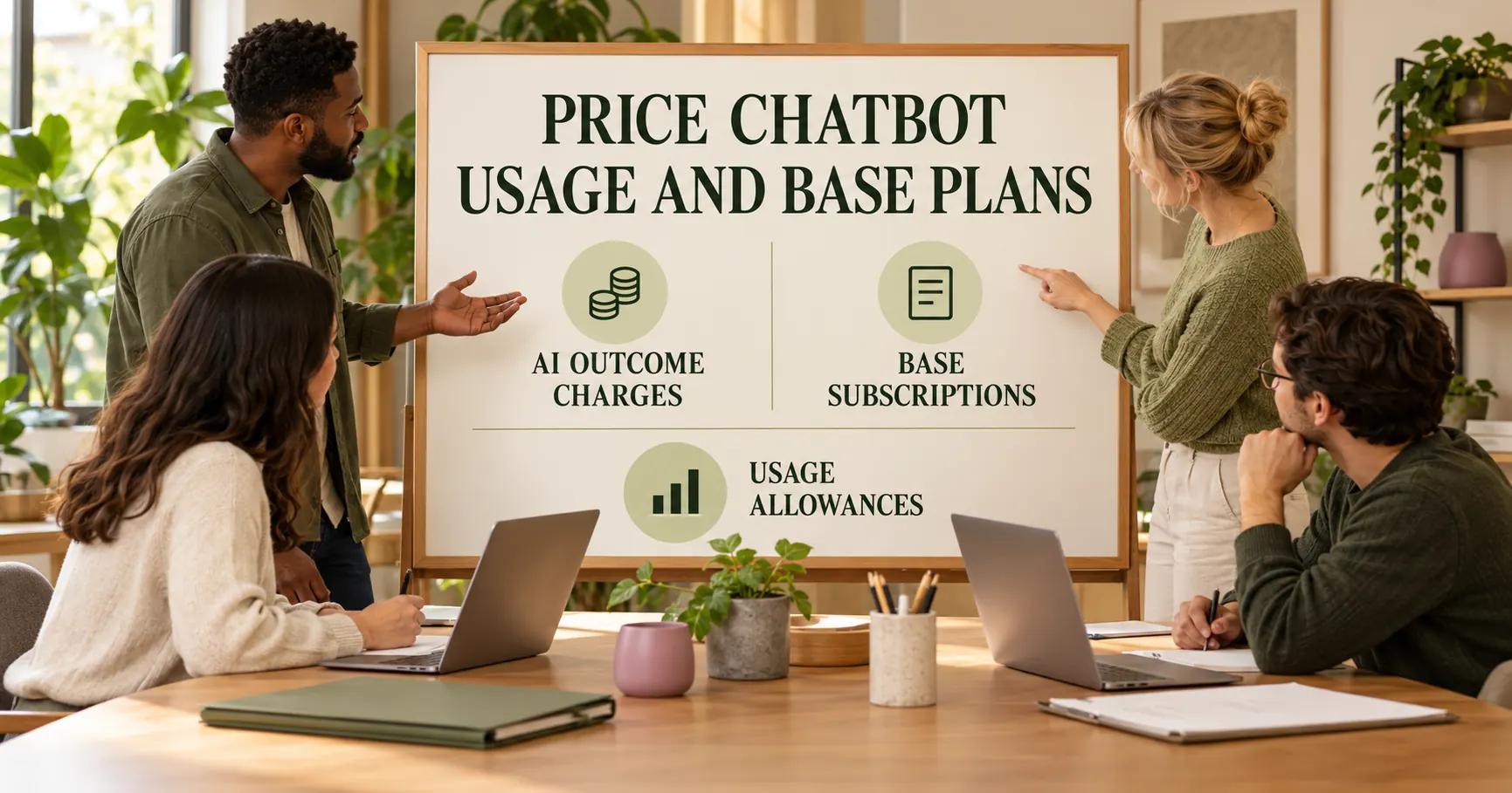 A retailer's support team faces a board reading PRICE CHATBOT USAGE AND BASE PLANS, with columns for AI outcome charges, base subscriptions and usage allowances.