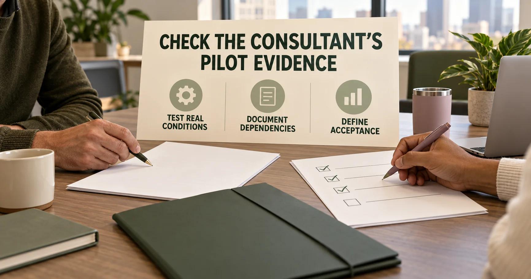 At a distributor's meeting table, two people review blank pilot papers beneath CHECK THE CONSULTANT'S PILOT EVIDENCE and labels for real-condition testing, dependencies and acceptance.