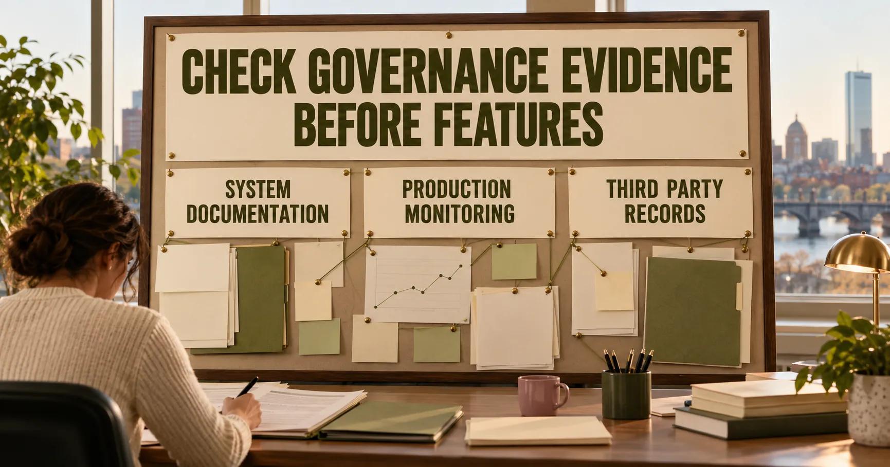 A risk reviewer sorts blank records below CHECK GOVERNANCE EVIDENCE BEFORE FEATURES and panels labelled SYSTEM DOCUMENTATION, PRODUCTION MONITORING and THIRD PARTY RECORDS.
