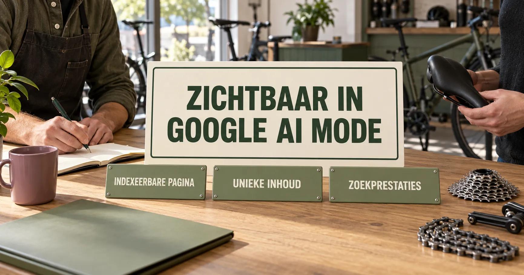 Op de werkbank van een fietsenwinkel staat ZICHTBAAR IN GOOGLE AI MODE boven INDEXEERBARE PAGINA, UNIEKE INHOUD en ZOEKPRESTATIES, naast een olijfgroene map.