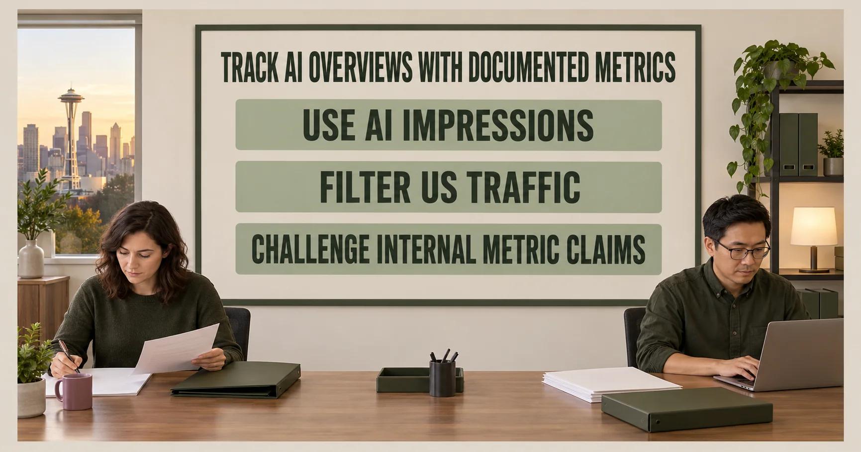 Two accountants review a report beneath TRACK AI OVERVIEWS WITH DOCUMENTED METRICS and labels USE AI IMPRESSIONS, FILTER US TRAFFIC and CHALLENGE INTERNAL METRIC CLAIMS.