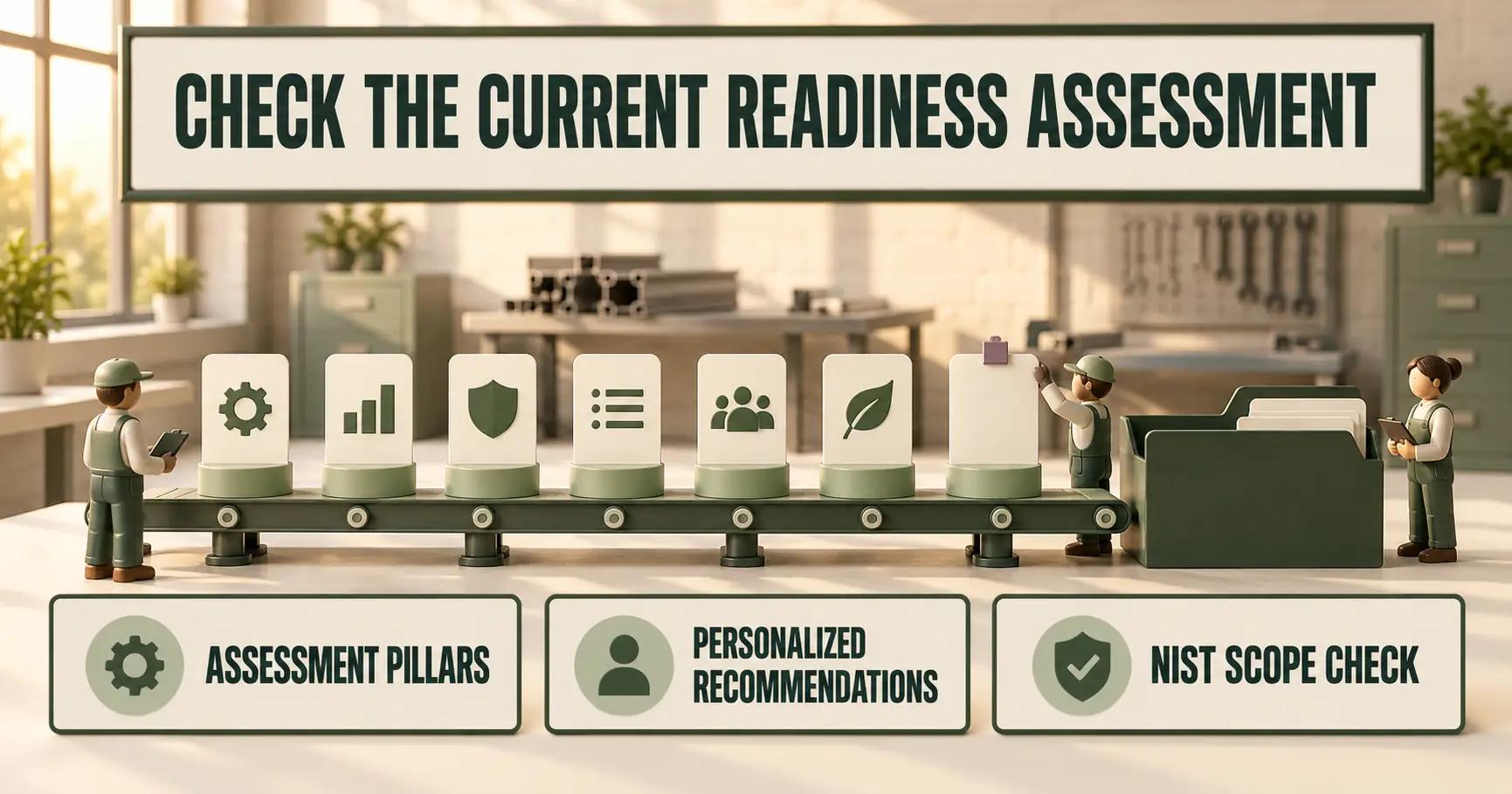 A miniature fabrication planning line leads to an olive folder beneath CHECK THE CURRENT READINESS ASSESSMENT and three pillar, recommendation and NIST labels.