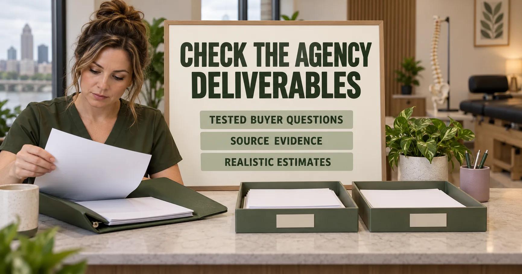 At a chiropractic clinic reception desk, an owner sorts a proposal beneath CHECK THE AGENCY DELIVERABLES and labels for tested buyer questions, source evidence and realistic estimates.