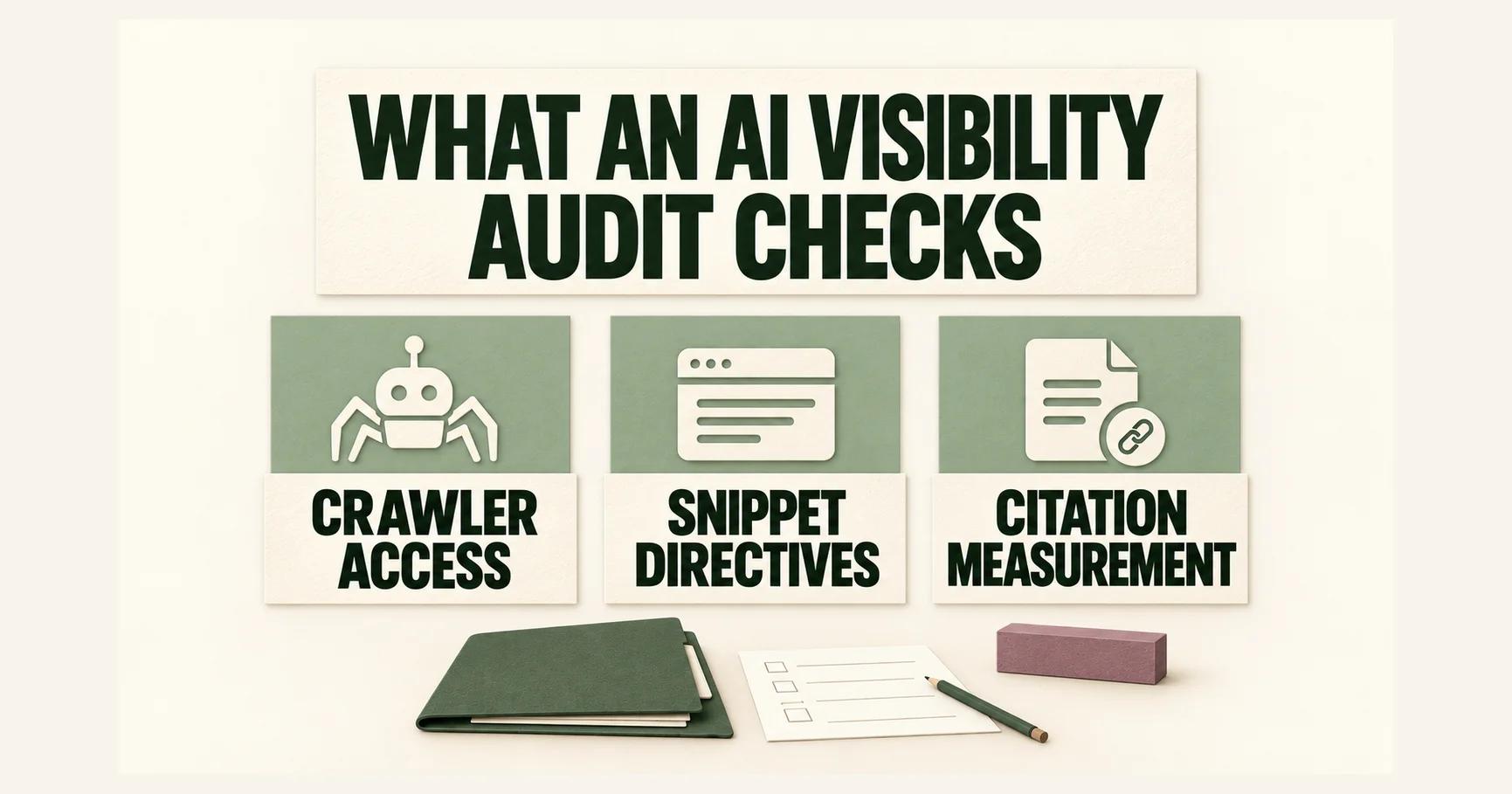 A paper schematic shows an olive folder and three large cards labelled CRAWLER ACCESS, SNIPPET DIRECTIVES and CITATION MEASUREMENT below WHAT AN AI VISIBILITY AUDIT CHECKS.