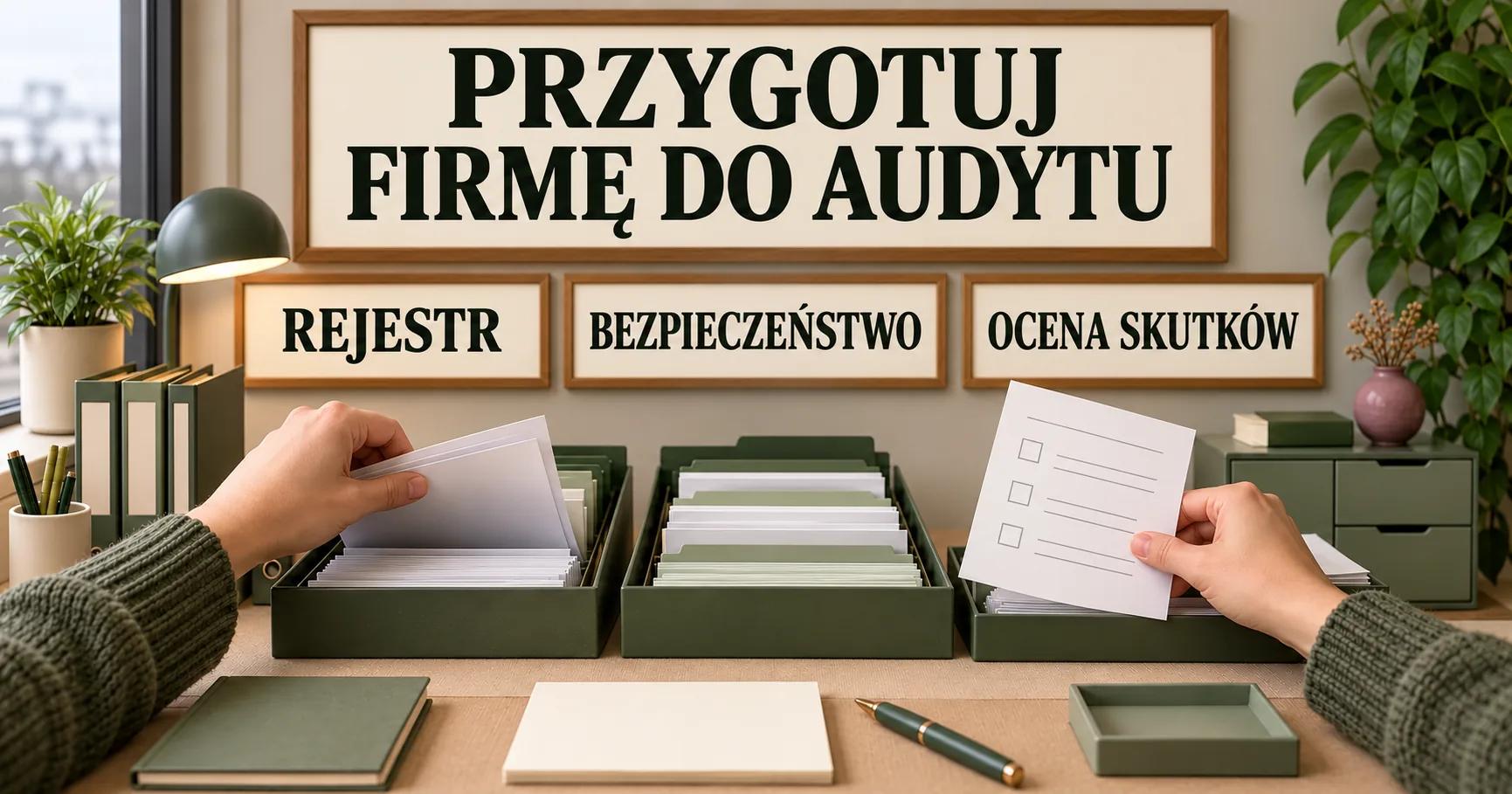 Dłonie sortują dokumenty w biurze zgodności; nad przegródkami REJESTR, BEZPIECZEŃSTWO i OCENA SKUTKÓW widnieje napis PRZYGOTUJ FIRMĘ DO AUDYTU.