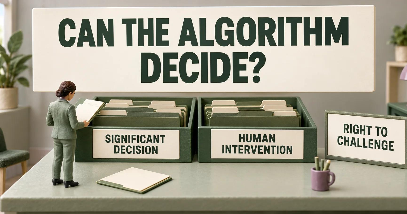 A recruitment screening diorama places a small reviewer beside two sorting bays beneath CAN THE ALGORITHM DECIDE?, with signs for SIGNIFICANT DECISION, HUMAN INTERVENTION and RIGHT TO CHALLENGE.