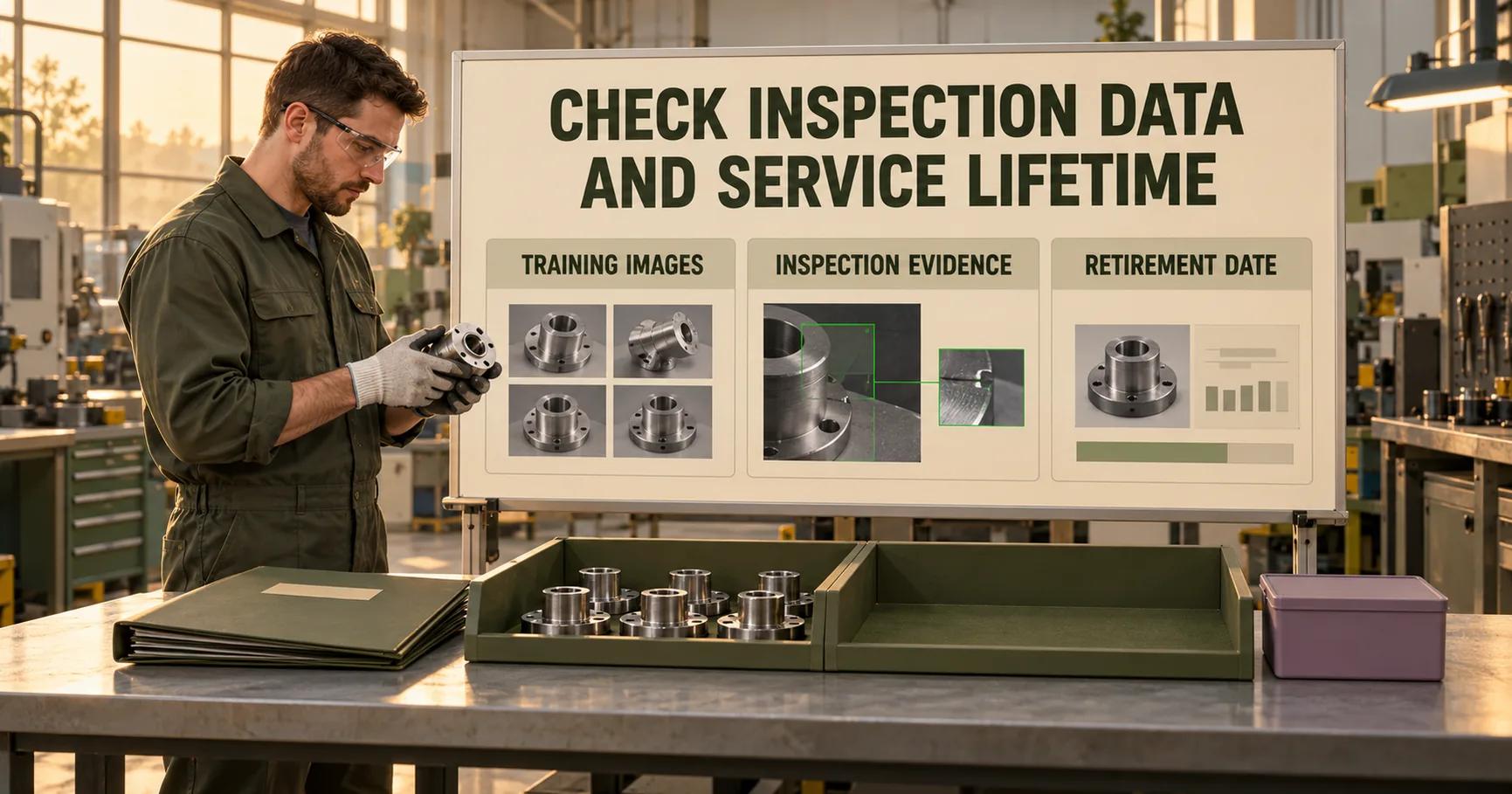 A machinist checks an unfinished metal part beside an olive folder and signs reading CHECK INSPECTION DATA AND SERVICE LIFETIME, TRAINING IMAGES, INSPECTION EVIDENCE and RETIREMENT DATE.