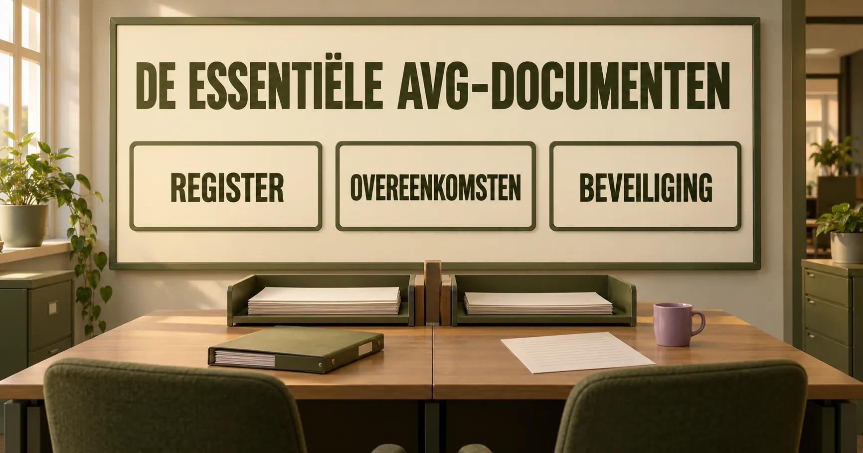 In een administratiekantoor staat DE ESSENTIËLE AVG-DOCUMENTEN op een bord boven twee sorteervakken met de labels REGISTER, OVEREENKOMSTEN en BEVEILIGING, naast een olijfgroene documentenmap.