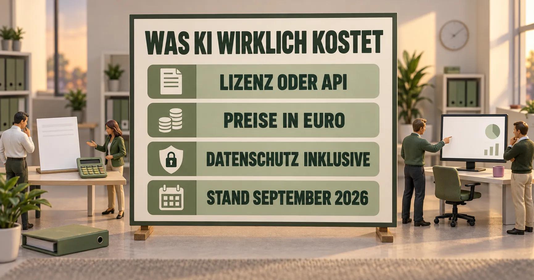 Ein Diorama im Großhandel vergleicht Rechnung, Taschenrechner und Laptop; zu sehen sind WAS KI WIRKLICH KOSTET, LIZENZ ODER API, PREISE IN EURO, DATENSCHUTZ INKLUSIVE und STAND SEPTEMBER 2026.