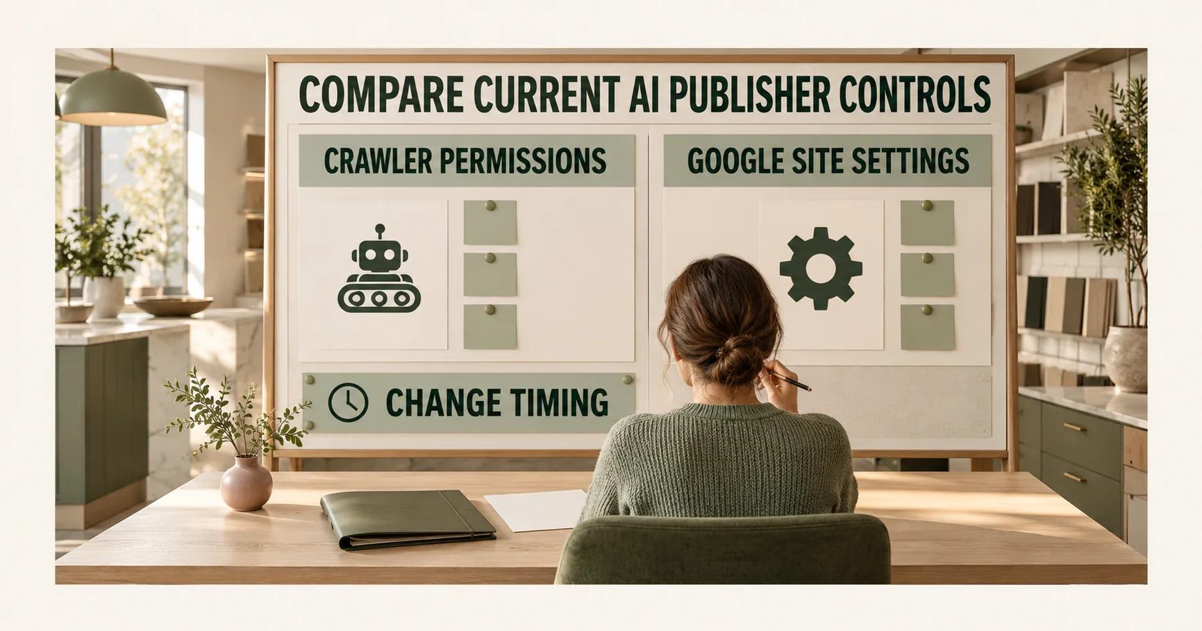 A planner compares two boards in a kitchen showroom. They read COMPARE CURRENT AI PUBLISHER CONTROLS, CRAWLER PERMISSIONS, GOOGLE SITE SETTINGS and CHANGE TIMING.