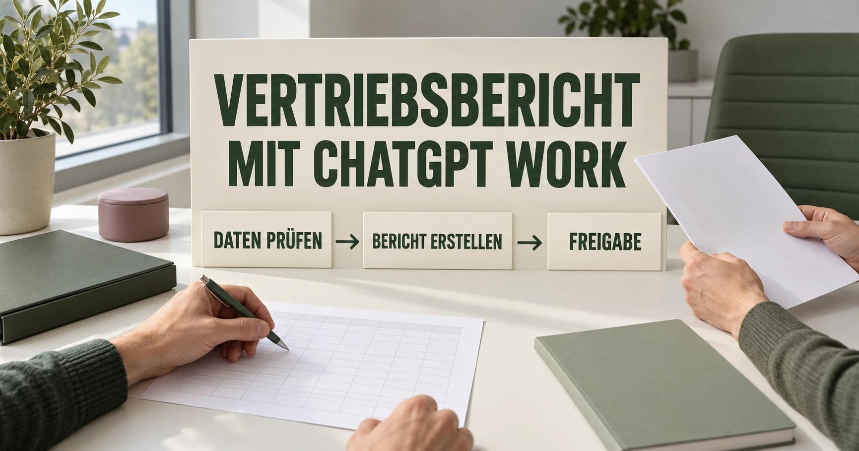 Im Vertriebsbüro eines Maschinenbauers stehen unter VERTRIEBSBERICHT MIT CHATGPT WORK die Schilder DATEN PRÜFEN, BERICHT ERSTELLEN und FREIGABE vor einem unfertigen Wochenbericht.