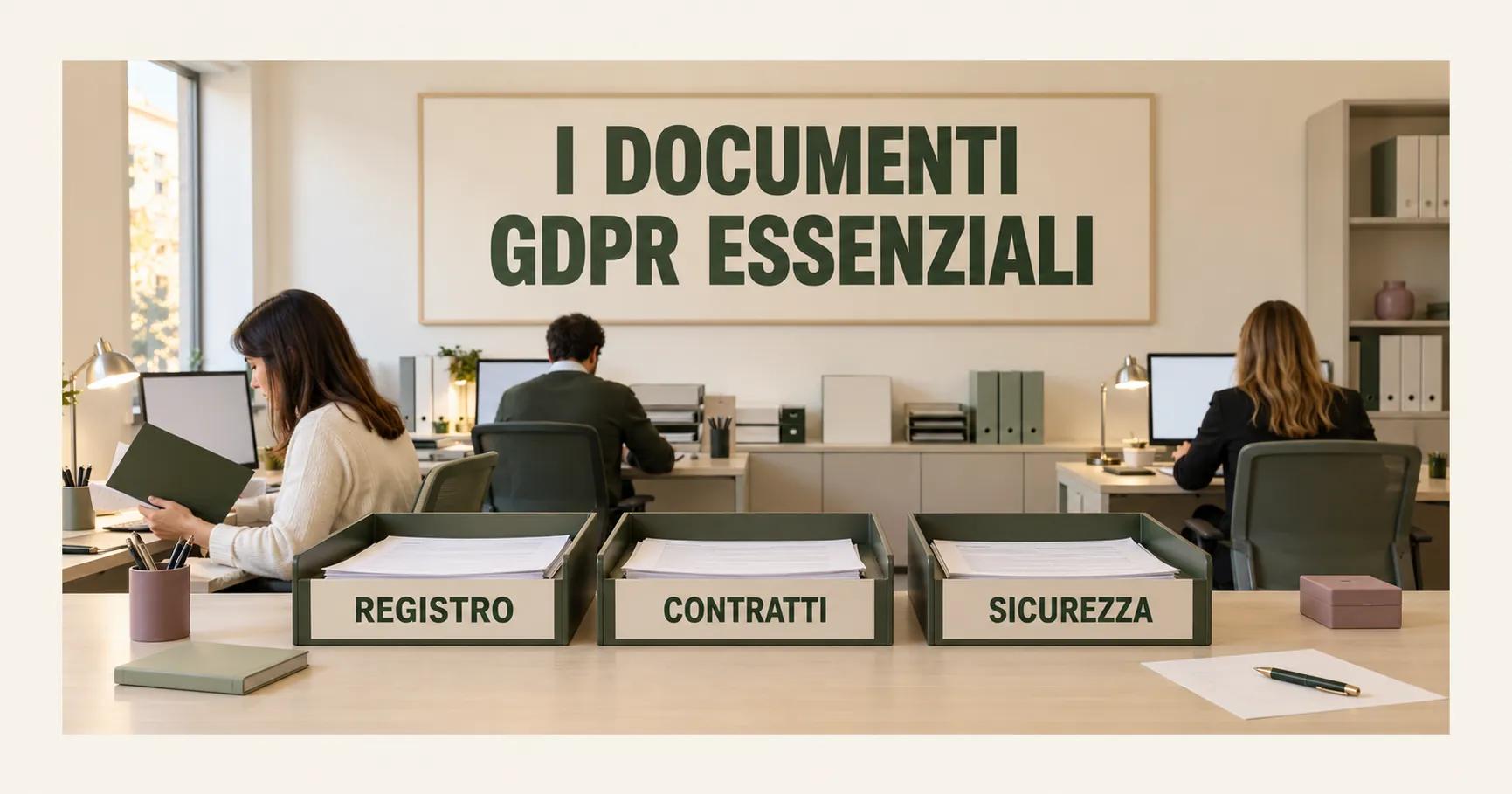 In un ufficio amministrativo, una persona lavora con una cartella verde oliva; tre fascicoli portano le scritte REGISTRO, CONTRATTI e SICUREZZA sotto I DOCUMENTI GDPR ESSENZIALI.