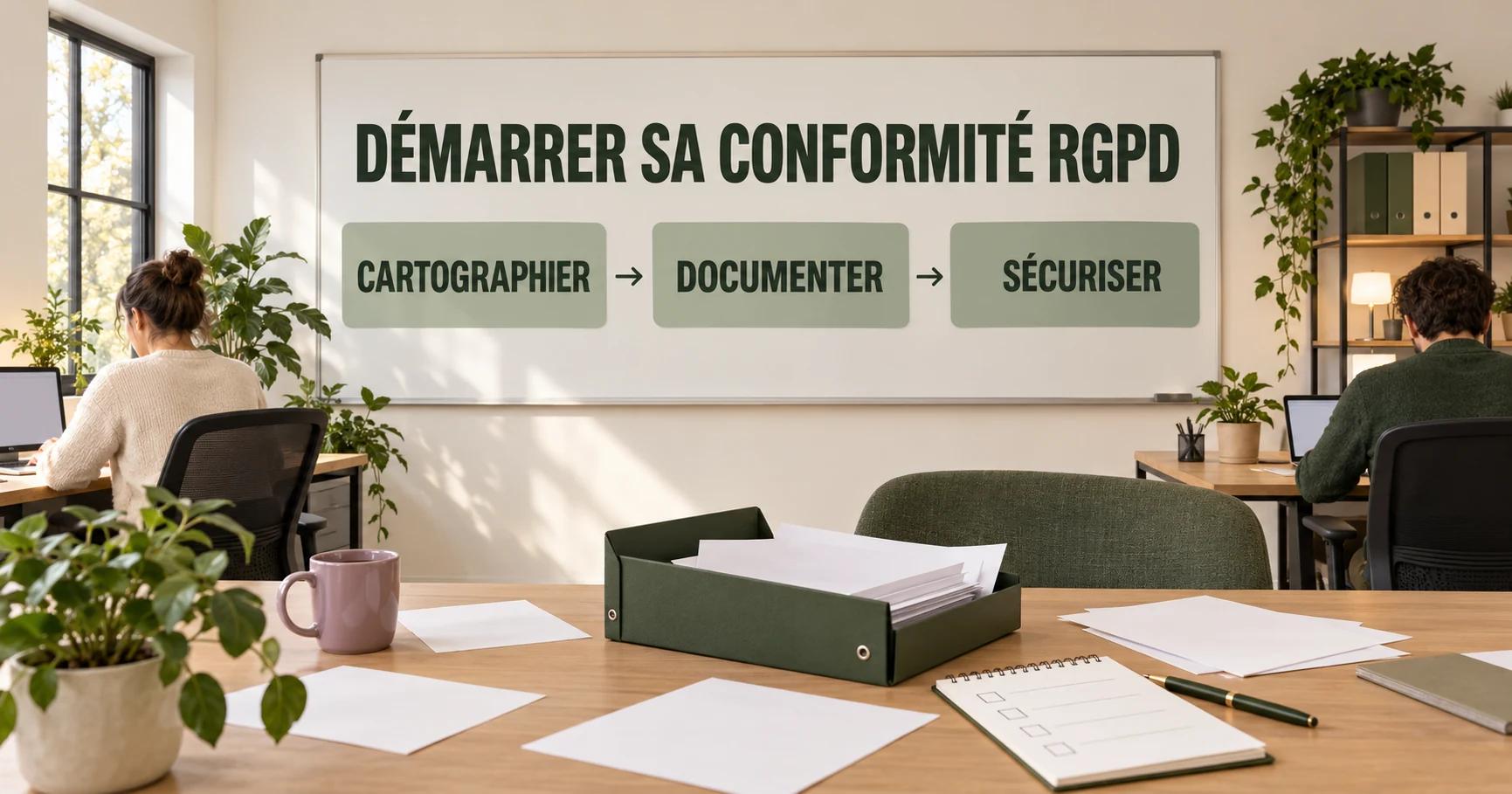 Dans le bureau d’une entreprise de logistique, un classeur vert olive repose sous un grand tableau portant DÉMARRER SA CONFORMITÉ RGPD et les étapes CARTOGRAPHIER, DOCUMENTER, SÉCURISER.