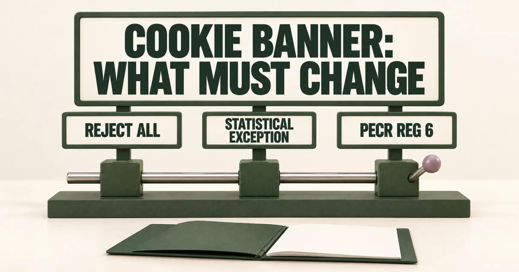 A tactile Leeds retail desk diorama routes cookies through REJECT ALL, STATISTICAL EXCEPTION and PECR REG 6 beneath COOKIE BANNER: WHAT MUST CHANGE.