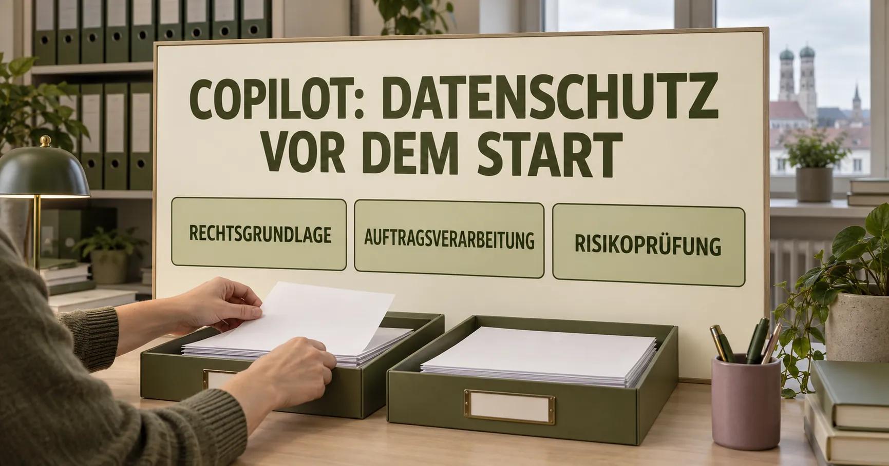 Im Aktenraum einer Kanzlei zeigt eine Tafel COPILOT: DATENSCHUTZ VOR DEM START über Fächern mit RECHTSGRUNDLAGE, AUFTRAGSVERARBEITUNG und RISIKOPRÜFUNG; Hände ordnen eine olivgrüne Mappe.