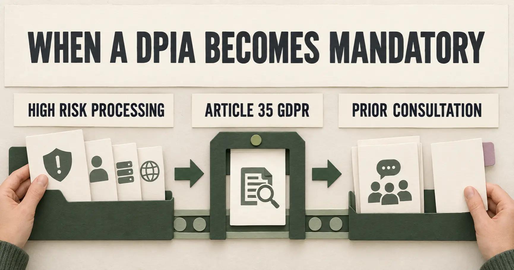 Hands arrange a cream and olive paper pathway headed WHEN A DPIA BECOMES MANDATORY, with labels HIGH RISK PROCESSING, ARTICLE 35 GDPR and PRIOR CONSULTATION.