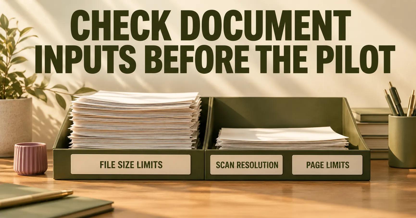 A dispatch-office desk sorts paper notes under CHECK DOCUMENT INPUTS BEFORE THE PILOT, with FILE SIZE LIMITS, SCAN RESOLUTION and PAGE LIMITS on cards.