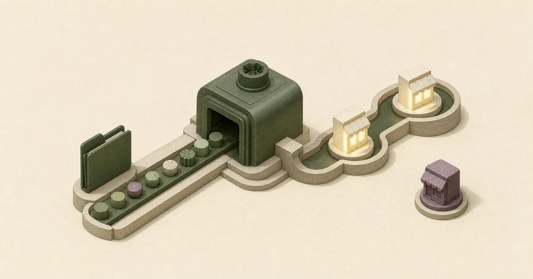 Isometric overhead system with buyer-query tokens entering a dark answer chamber, two illuminated storefront tokens in the output path, a third outside it, and an olive folder at the input edge.