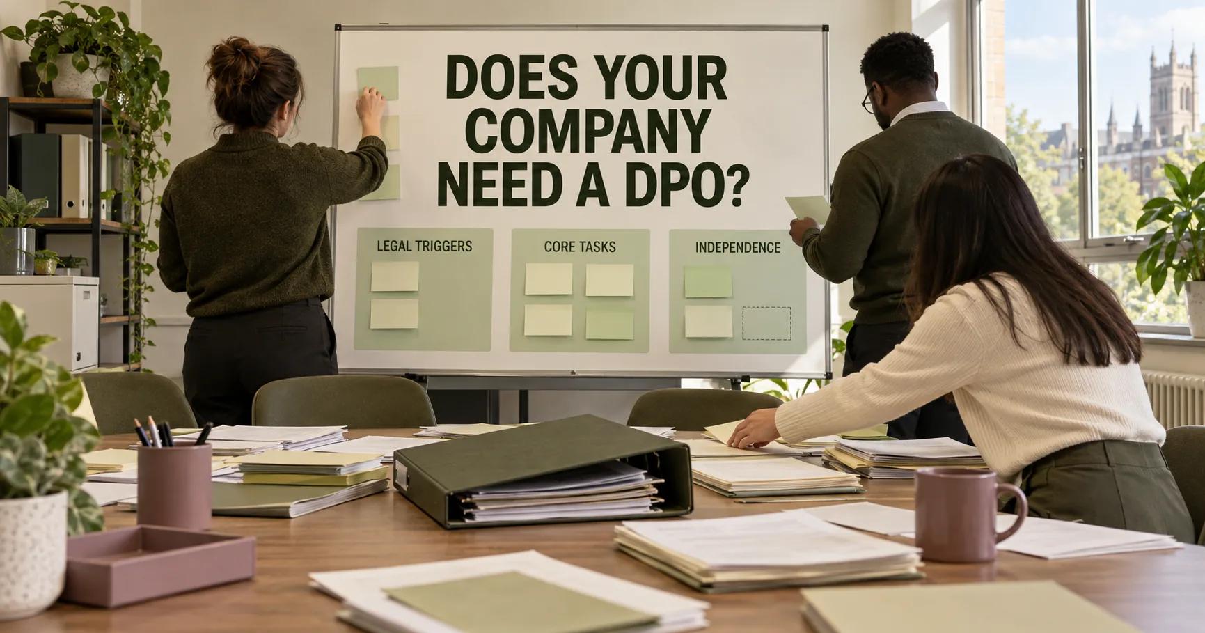 A UK compliance office board asks DOES YOUR COMPANY NEED A DPO? and groups legal triggers, core tasks and independence.