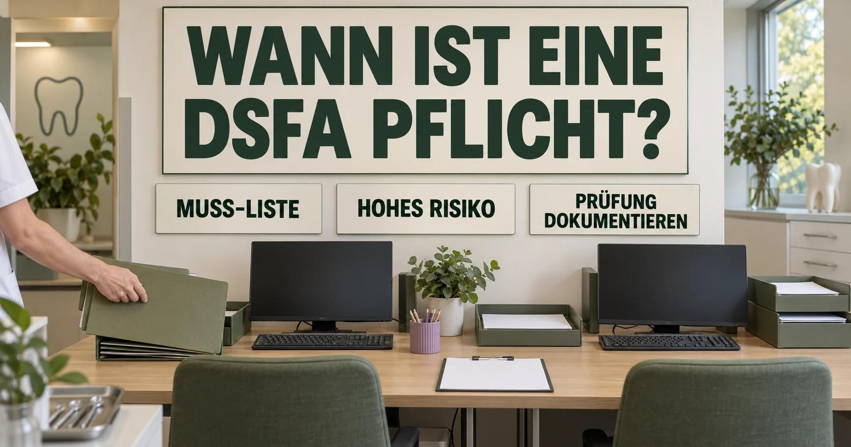 Im Verwaltungsraum einer Zahnarztpraxis hängen WANN IST EINE DSFA PFLICHT? sowie MUSS-LISTE, HOHES RISIKO und PRÜFUNG DOKUMENTIEREN über einer olivgrünen Akte.