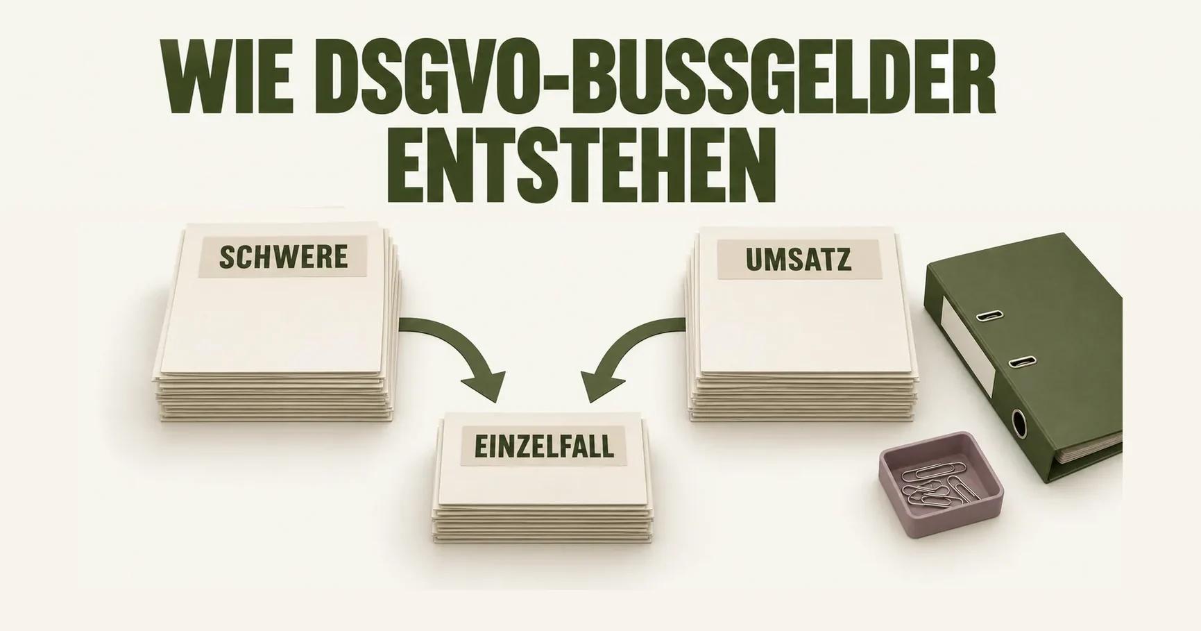 Auf einem Schreibtisch führen zwei Papierstapel mit den Schildern SCHWERE und UMSATZ zu EINZELFALL; darüber steht WIE DSGVO-BUSSGELDER ENTSTEHEN.
