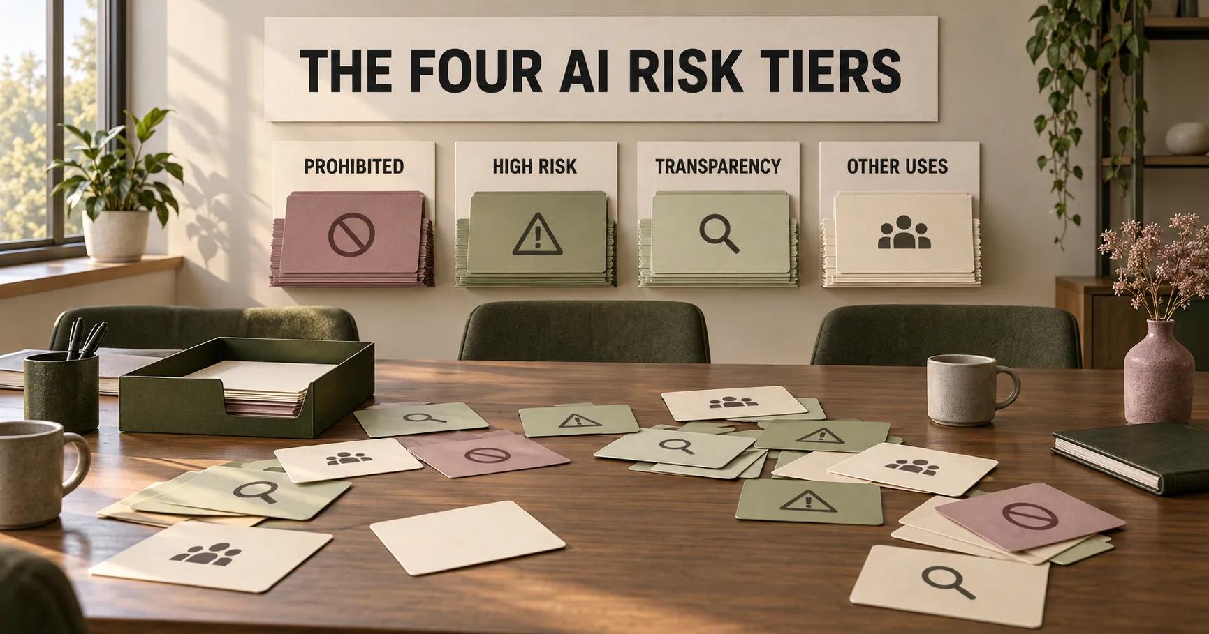 A layered paper scene labelled THE FOUR AI RISK TIERS sorts uses into prohibited, high risk, transparency and other uses.