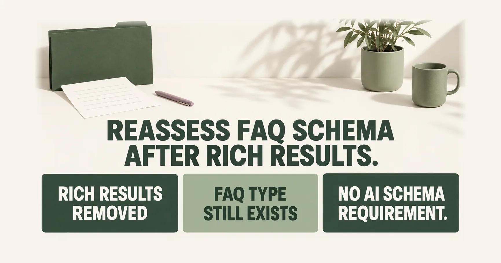 An olive folder and three paper cards sit below REASSESS FAQ SCHEMA AFTER RICH RESULTS, with labels RICH RESULTS REMOVED, FAQ TYPE STILL EXISTS and NO AI SCHEMA REQUIREMENT.