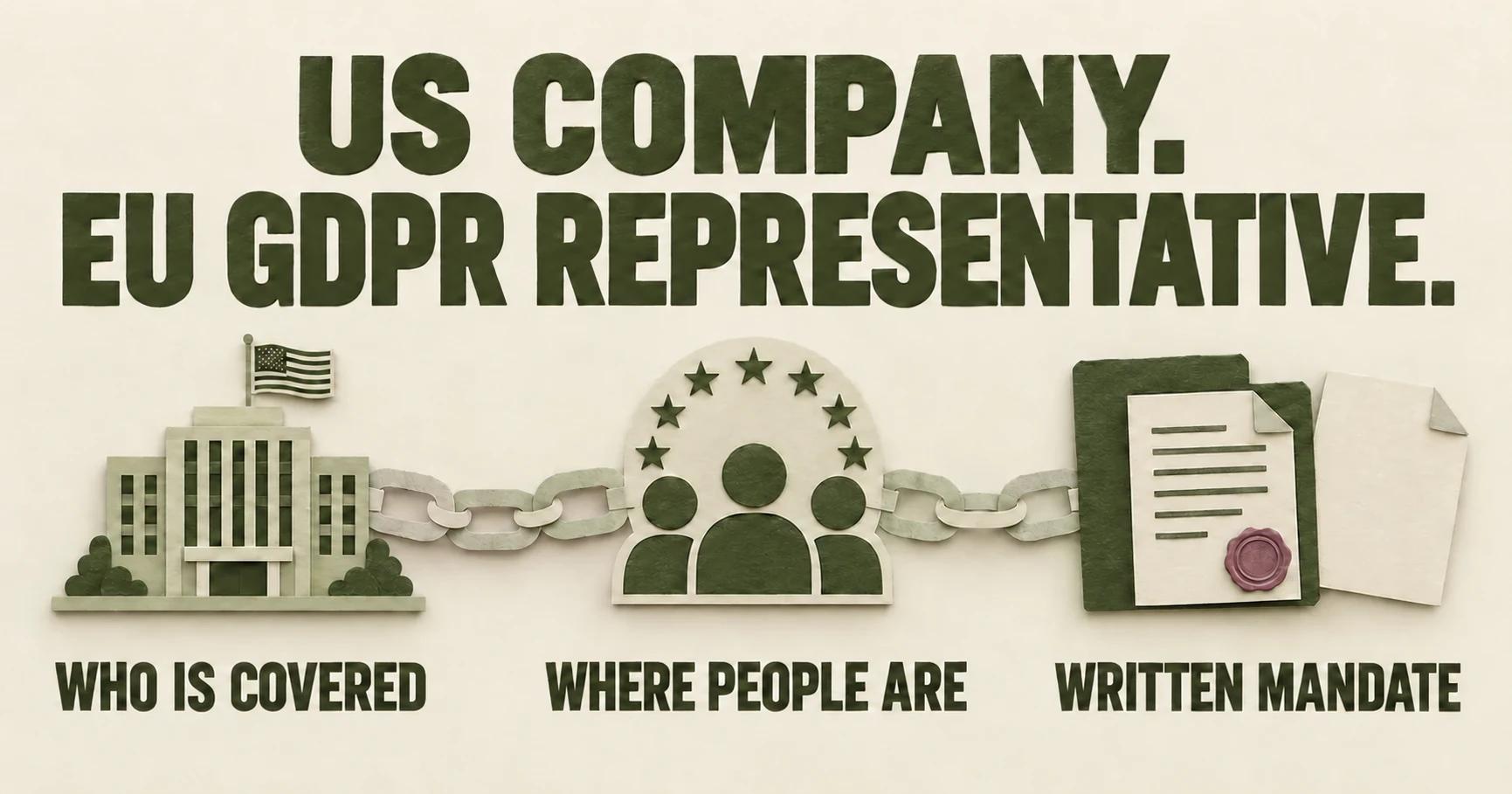 Layered paper signs connect a US company to people in the EU and a written mandate, beneath the words US COMPANY, EU GDPR REPRESENTATIVE.