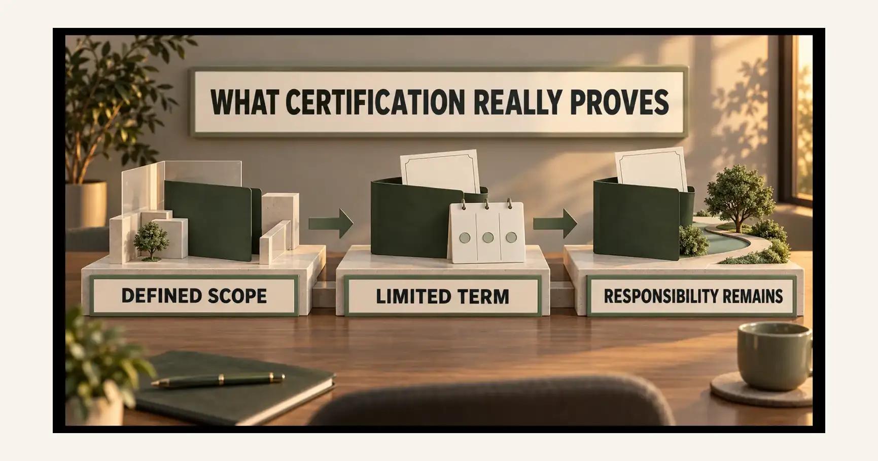 A three-stage diorama shows scope, limited term and continuing responsibility beneath WHAT CERTIFICATION REALLY PROVES.