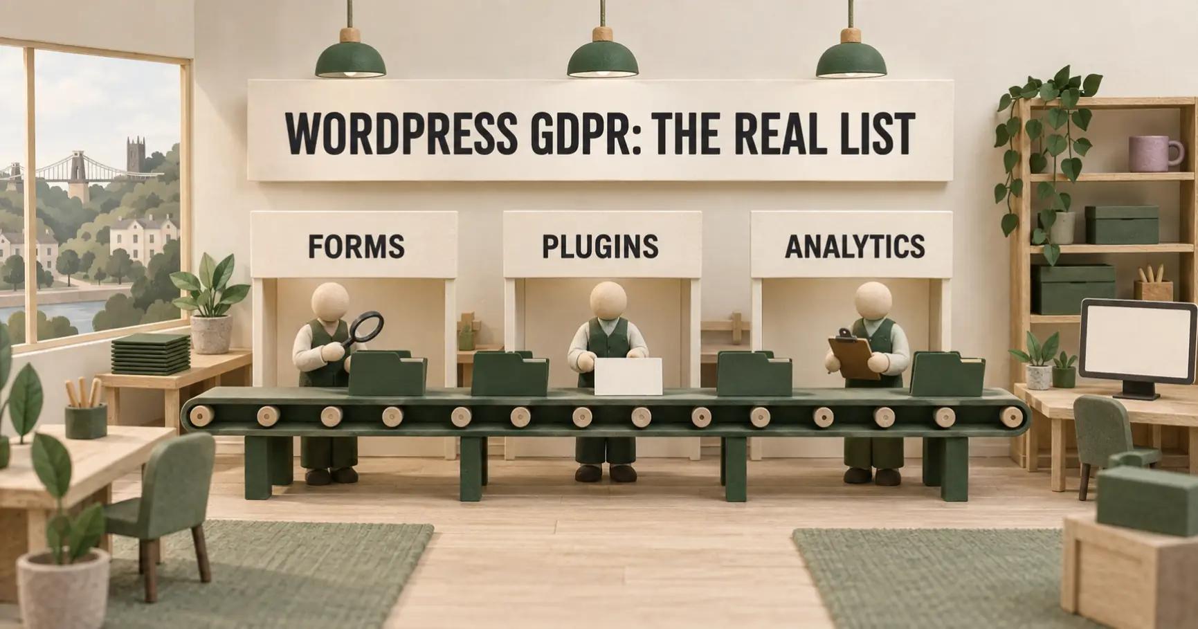 A cream and olive studio diorama carries a document folder along a compliance line beneath WORDPRESS GDPR: THE REAL LIST, with stations labelled FORMS, PLUGINS and ANALYTICS.