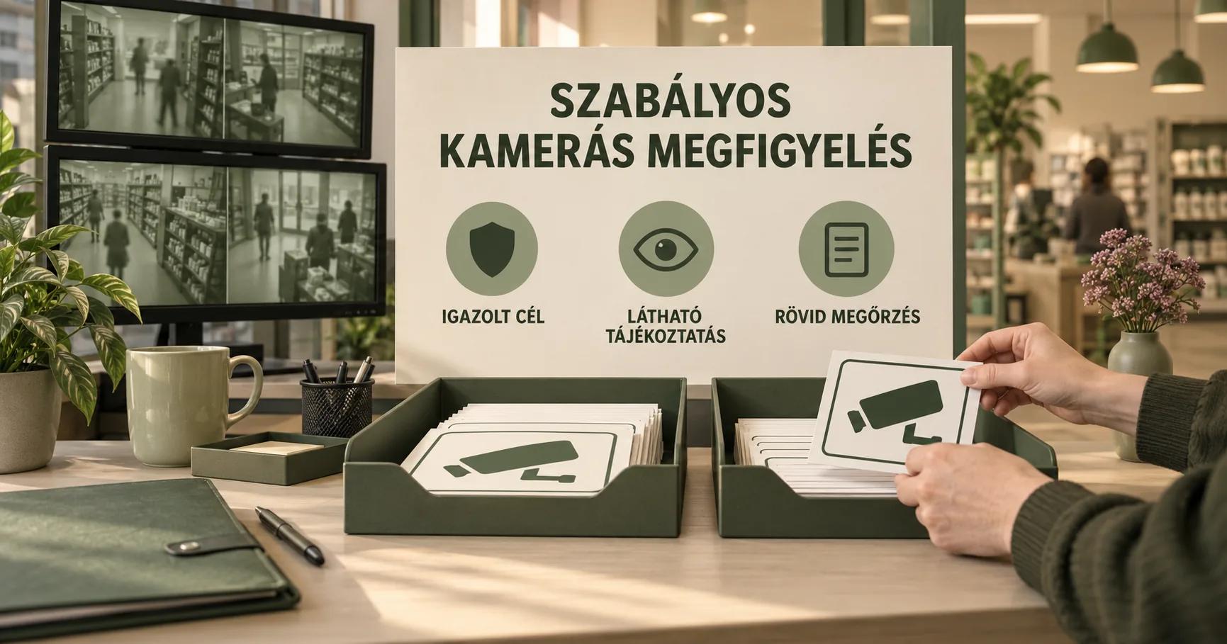 Egy magyar üzlet megfigyelőhelyiségében olajzöld mappa és kameraképek mellett tábla látható: SZABÁLYOS KAMERÁS MEGFIGYELÉS, IGAZOLT CÉL, LÁTHATÓ TÁJÉKOZTATÁS, RÖVID MEGŐRZÉS.