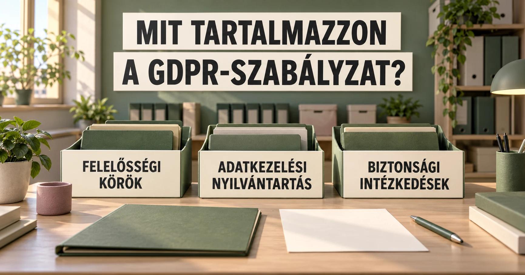 Egy bérszámfejtő iroda asztalán az üres szabályzatot olajzöld mappa és három feliratos rekesz veszi körül: FELELŐSSÉGI KÖRÖK, ADATKEZELÉSI NYILVÁNTARTÁS, BIZTONSÁGI INTÉZKEDÉSEK. Fent a MIT TARTALMAZZON A GDPR-SZABÁLYZAT? kérdés áll.
