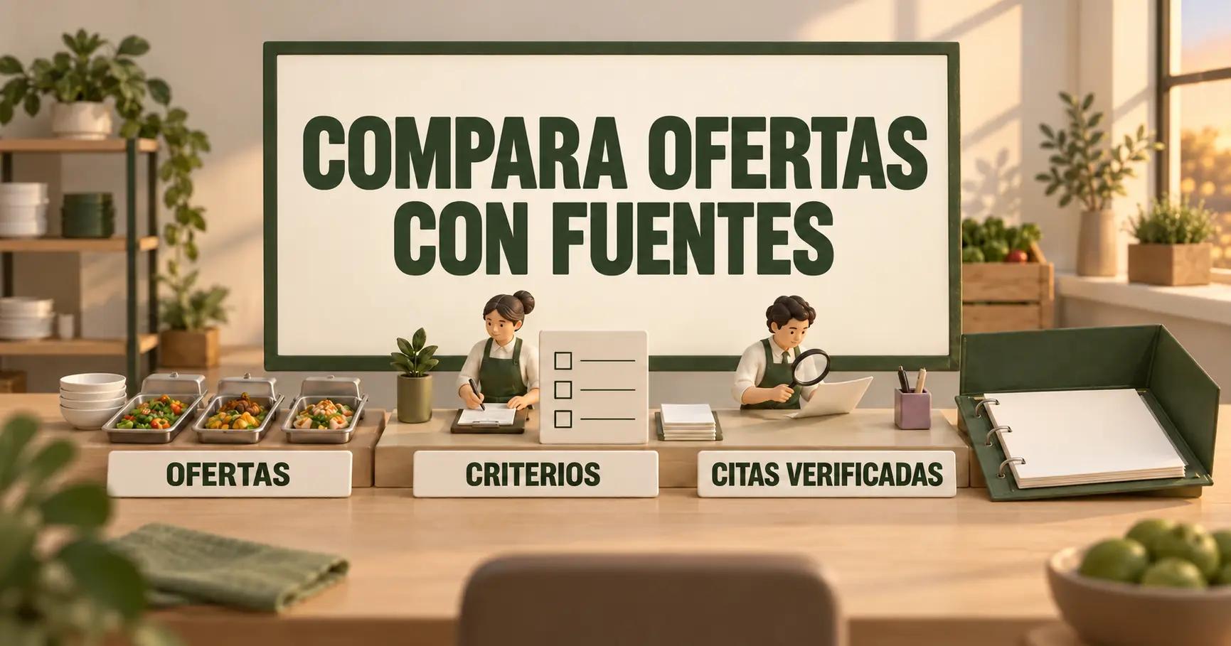 Un diorama de compras de una empresa de catering ordena tres ofertas hacia criterios y citas comprobadas; arriba figura COMPARA OFERTAS CON FUENTES y una carpeta verde oliva queda abierta.