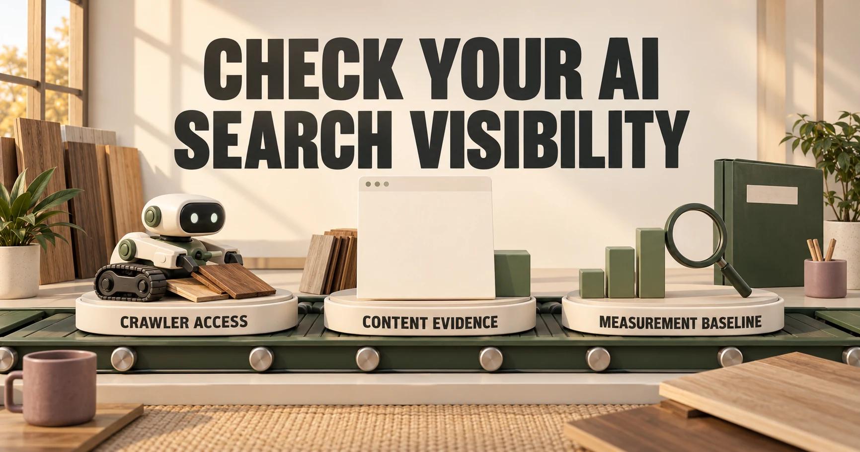 A cream and olive diorama shows three stations marked CRAWLER ACCESS, CONTENT EVIDENCE and MEASUREMENT BASELINE beneath CHECK YOUR AI SEARCH VISIBILITY.