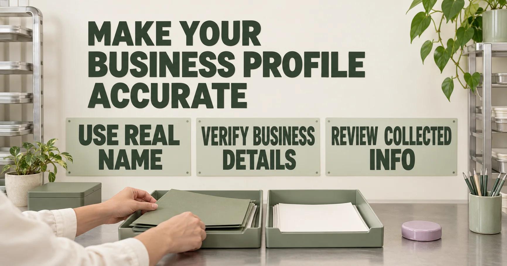 Hands sort an olive folder between two bakery-office trays beneath MAKE YOUR BUSINESS PROFILE ACCURATE, USE REAL NAME, VERIFY BUSINESS DETAILS and REVIEW COLLECTED INFO; a mauve paperweight sits beside them.