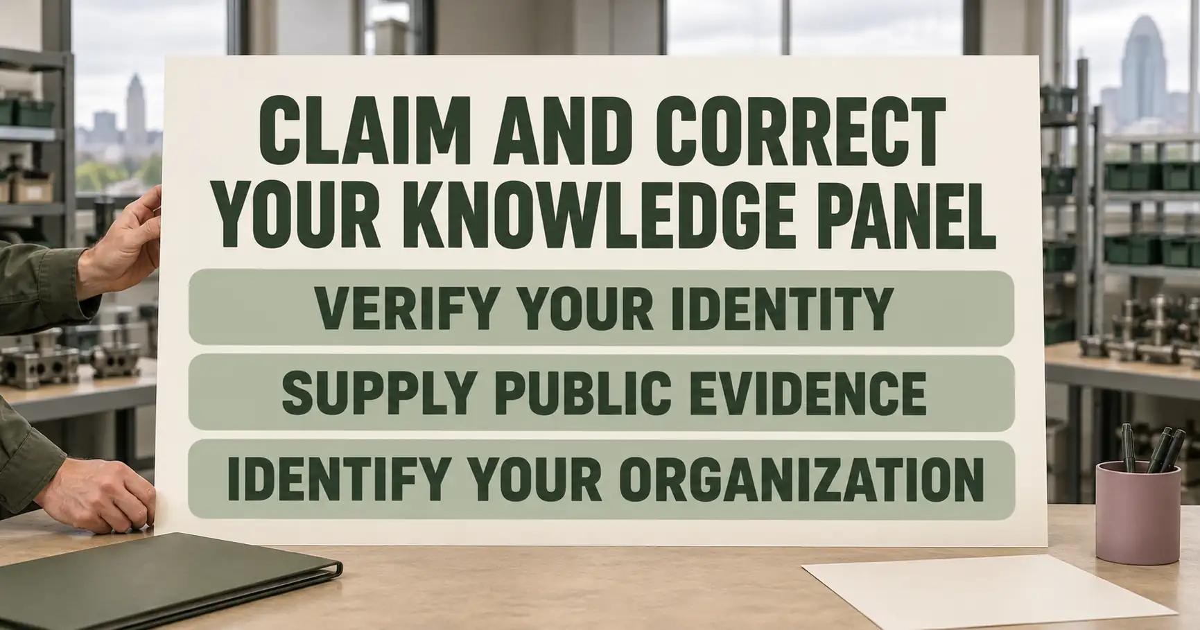 Hands hold a large board reading CLAIM AND CORRECT YOUR KNOWLEDGE PANEL, with labels for identity, public evidence and organisation, in a manufacturer's office.