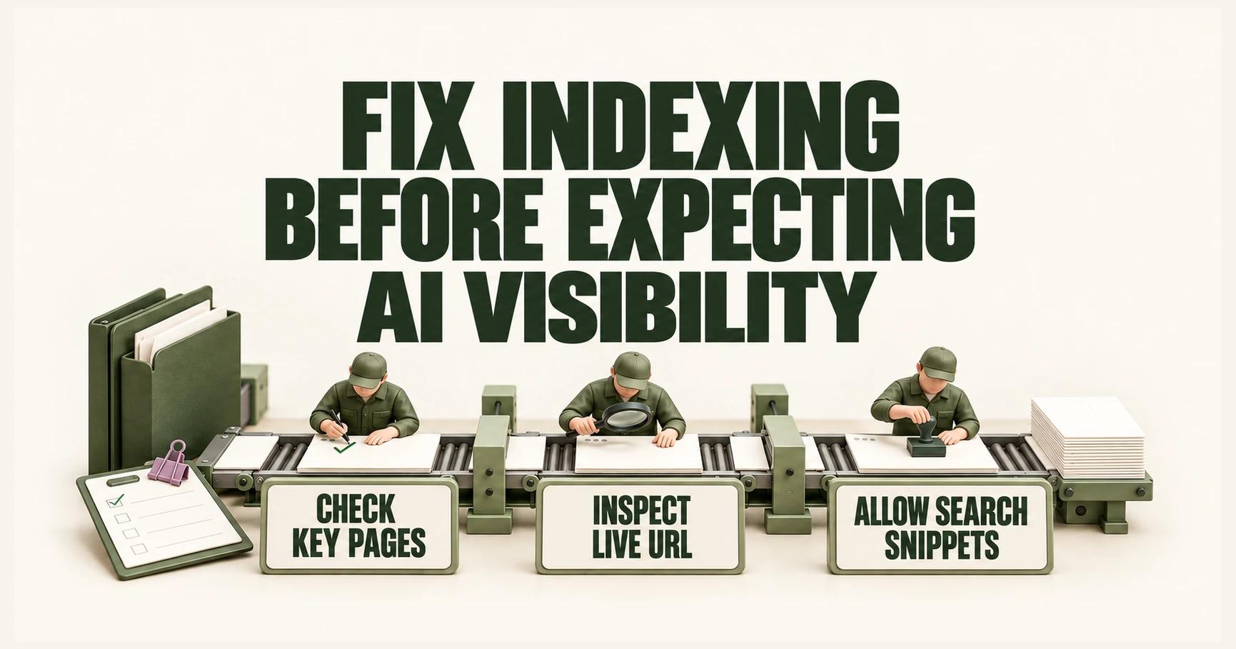 A three-station inspection diorama reads FIX INDEXING BEFORE EXPECTING AI VISIBILITY, CHECK KEY PAGES, INSPECT LIVE URL and ALLOW SEARCH SNIPPETS.