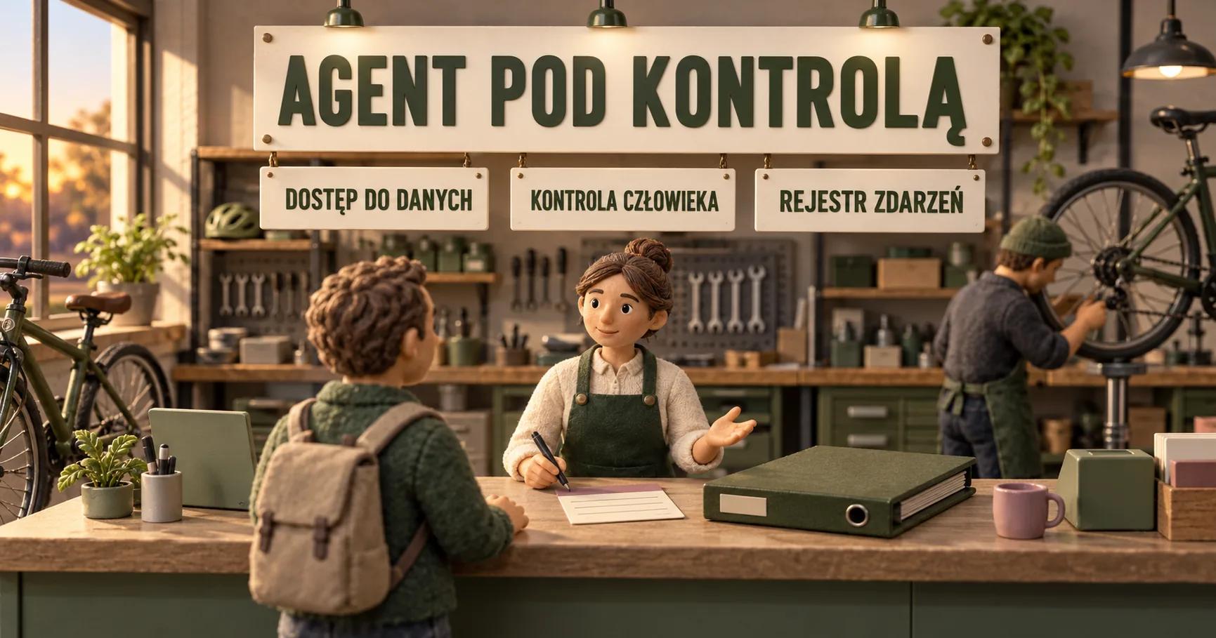Przy ladzie serwisu rowerowego pracownica pomaga klientowi pod napisem AGENT POD KONTROLĄ oraz etykietami dostępu do danych, kontroli człowieka i rejestru zdarzeń.