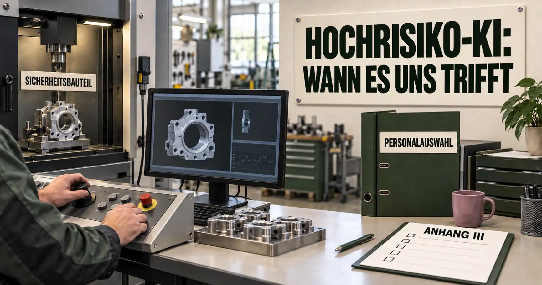 Eine Werkhalle zeigt HOCHRISIKO-KI: WANN ES UNS TRIFFT über einer Prüflinie mit ANHANG III, PERSONALAUSWAHL und SICHERHEITSBAUTEIL.
