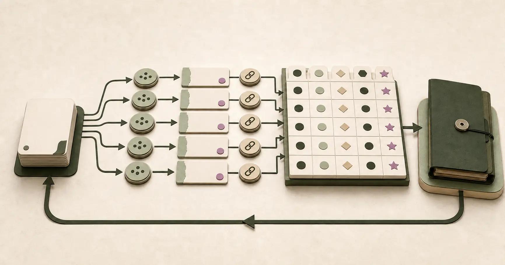 Five-stage text-free workflow on a deep axis, with question cards splitting into repeated runs, captured answer and source cards, a comparison grid, a recheck loop, and an olive folder at the final station.