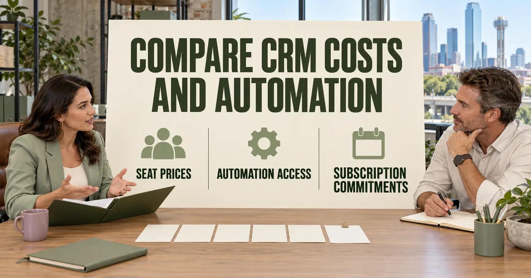 Two sales staff compare blank deal cards beside an olive folder; a board reads COMPARE CRM COSTS AND AUTOMATION with seat, access and commitment labels.