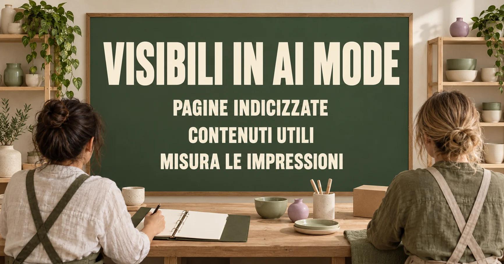 Nel banco ordini di un negozio di ceramiche, due addetti lavorano accanto a una cartella verde oliva; una lavagna mostra VISIBILI IN AI MODE, PAGINE INDICIZZATE, CONTENUTI UTILI e MISURA LE IMPRESSIONI.
