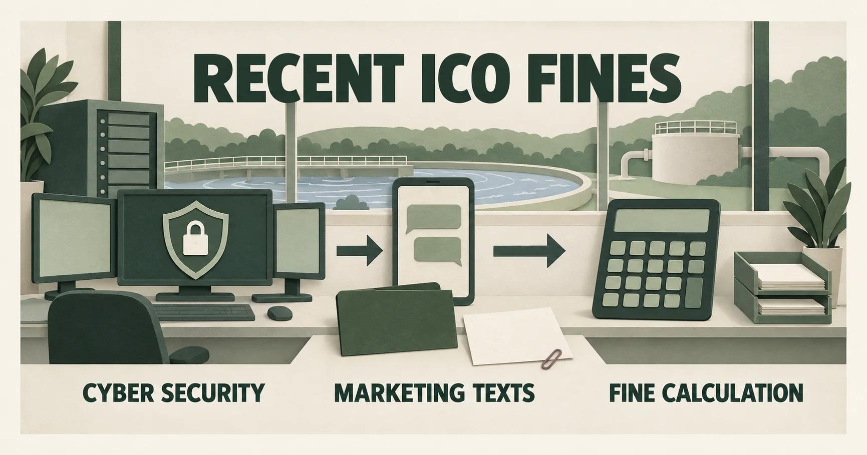 Paper security control room with a green folder, the headline RECENT ICO FINES, and labels CYBER SECURITY, MARKETING TEXTS and FINE CALCULATION.
