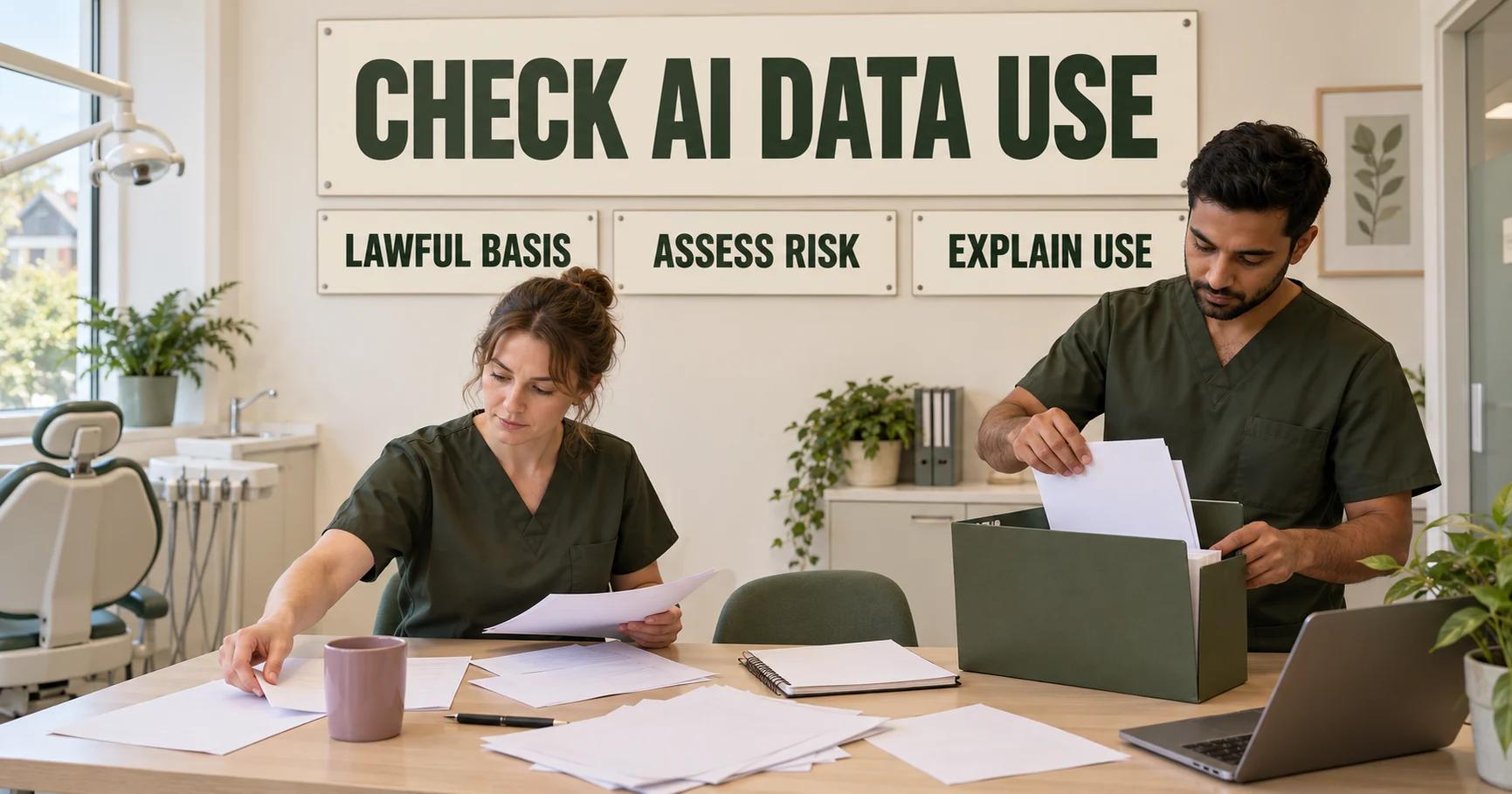 Two dental practice staff gather blank papers into an olive folder beneath CHECK AI DATA USE, with LAWFUL BASIS, ASSESS RISK and EXPLAIN USE on the wall.