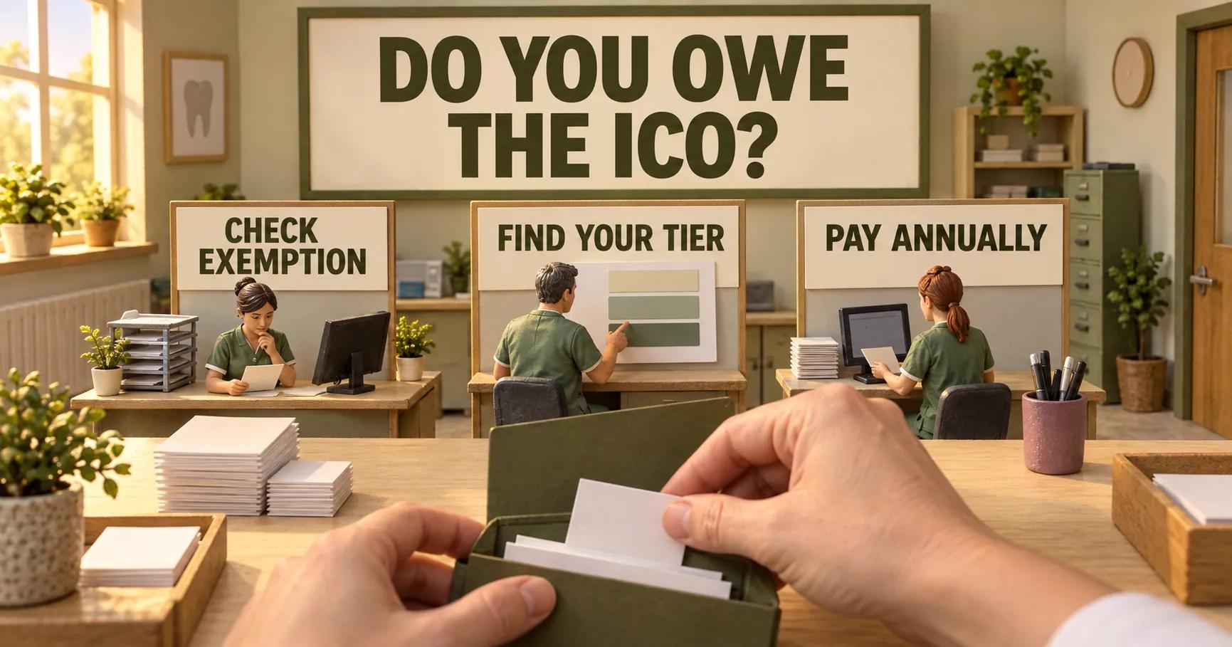 Hands sort blank cards into an olive folder in a miniature dental practice; signs read DO YOU OWE THE ICO?, CHECK EXEMPTION, FIND YOUR TIER and PAY ANNUALLY.